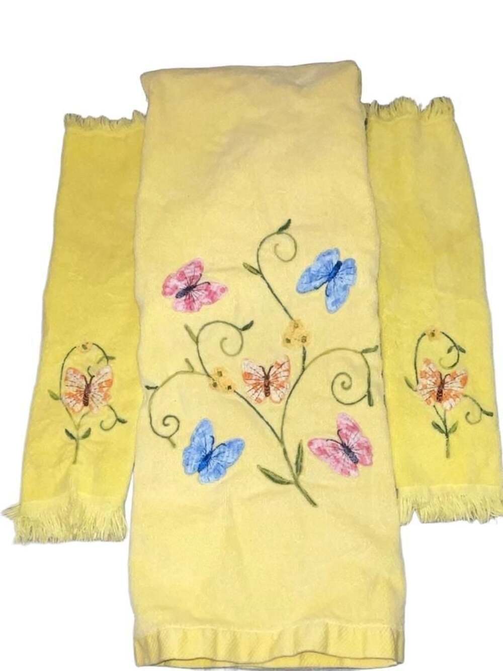 Vintage Fieldcrest Lustre Butterfly Embroidered Yellow Towel Set 3 Pieces